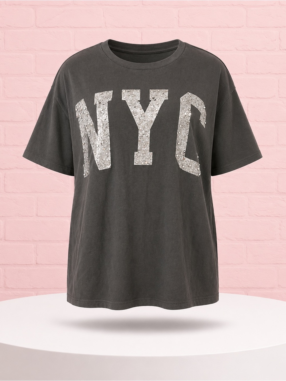 Custom Grayson Threads Charcoal Short Sleeve Tee with Silver NYC Hand Rhinestone